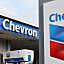 The Chevron logo is displayed at a Chevron gas station in...